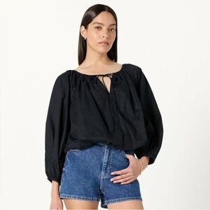 The Drop Womens Shirred Neck Cotton Bubble Hem Long Sleeve Top Black Size S NEW